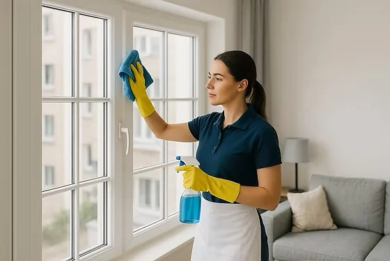 Reinigungskraft reinigt Fenster in Apartment – Apartment-Reinigung in Berlin