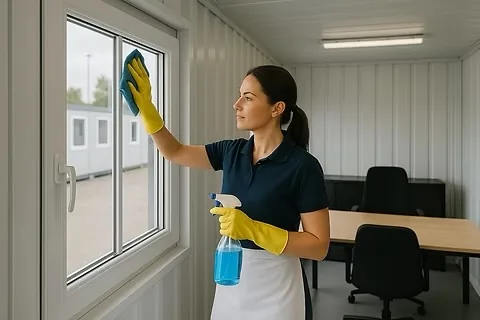 Mitarbeiterin reinigt Fenster in Bürocontainern – Bürocontainer-Reinigung Berlin