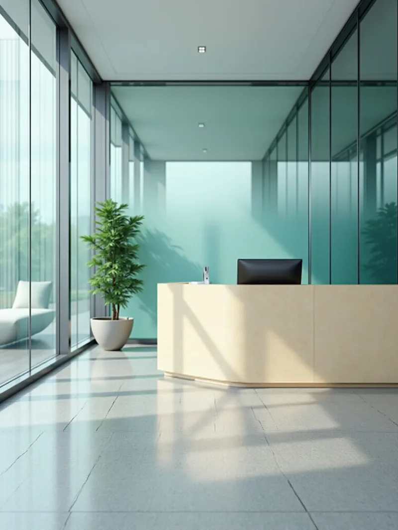 Glasreinigung Berlin, modernes Büro mit Glaswänden und Empfangsbereich durch LAK Cleaning Service